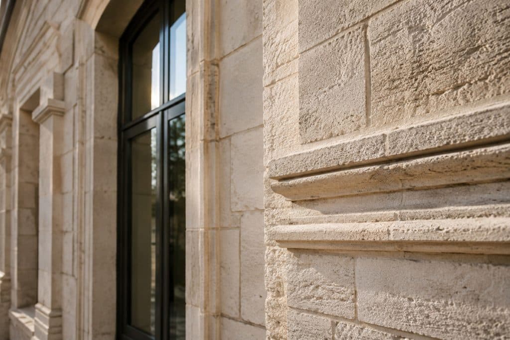 Détail de pierre de taille illustrant l'expertise d'EFBC en réhabilitation et valorisation de bâtiments existants.